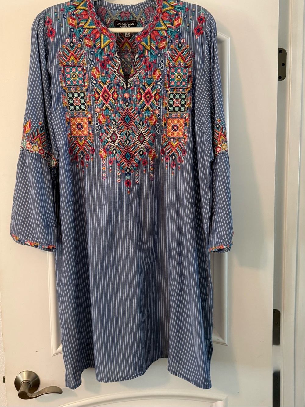 Johnny Was Multi-Color Embroidered Blue Pinstripe Top